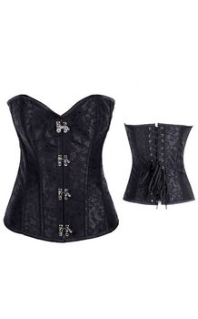 Black oriental floral print overbust boned corset